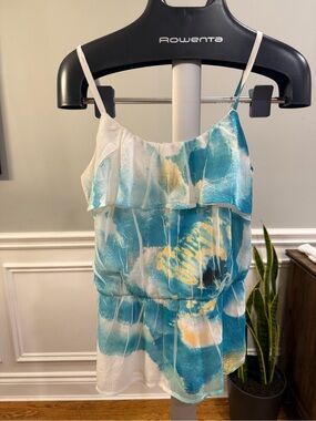BCX Ruffle Cami Tank Top Blue Abstract Floral Camisole Medium